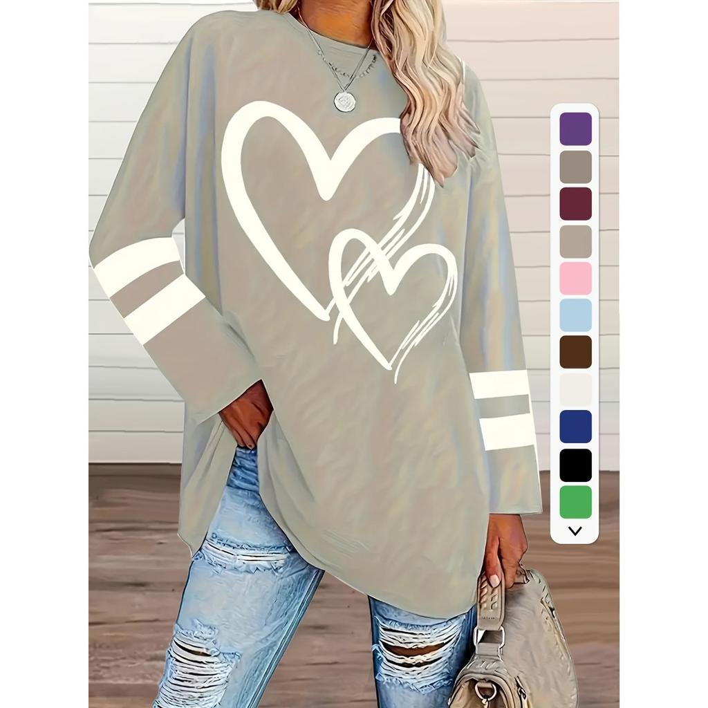 T-shirt da Donna Taglie Forti, Maglia Casual a Girocollo Manica Lunga con Stampa a Cuore, Abbigliamento da Donna Taglie Forti all'Ingrosso