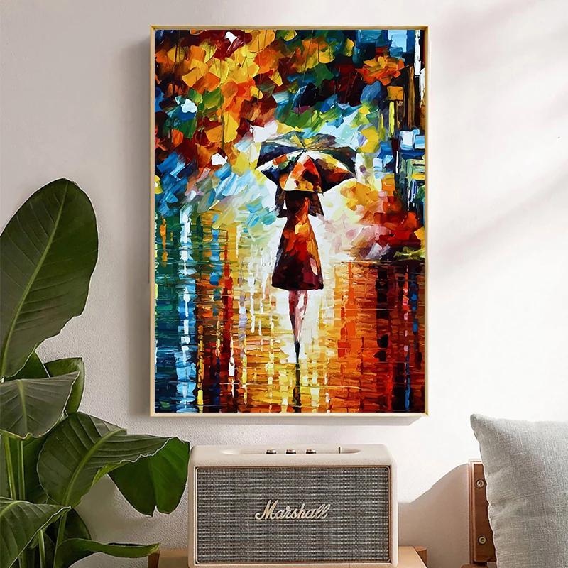 Classic Leonid Afremov Abstract Artwork Rainy Night Couple Landscape Poster Canvas Painting Wall Art Pictures Home Room Decor