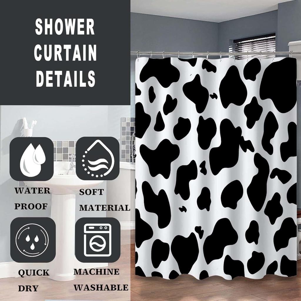 Cow Print Shower Curtain, Black & White Animal Design, Polyester Fabric With Hooks