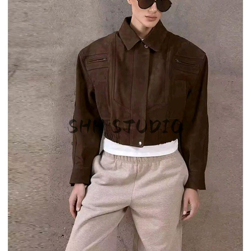 Fall Women's Clothing American Retro Sweet Cool Lapel Long Sleeves Zipper Short Work Clothes Motorcycle Jacket