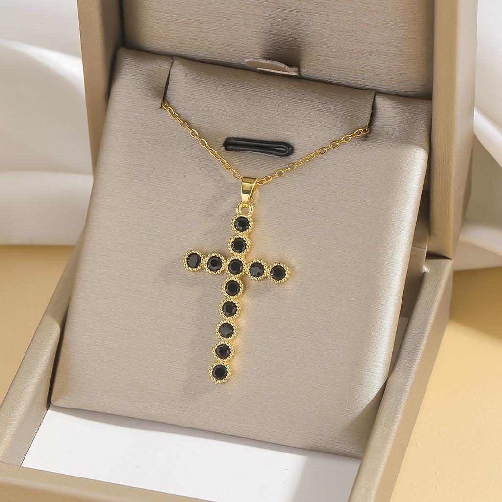 Cool Luxury Shiny Zircon Cross Pendant Necklaces for Women Men Fashion Stainless Steel Chains Collar Jewelry Accessories Gift