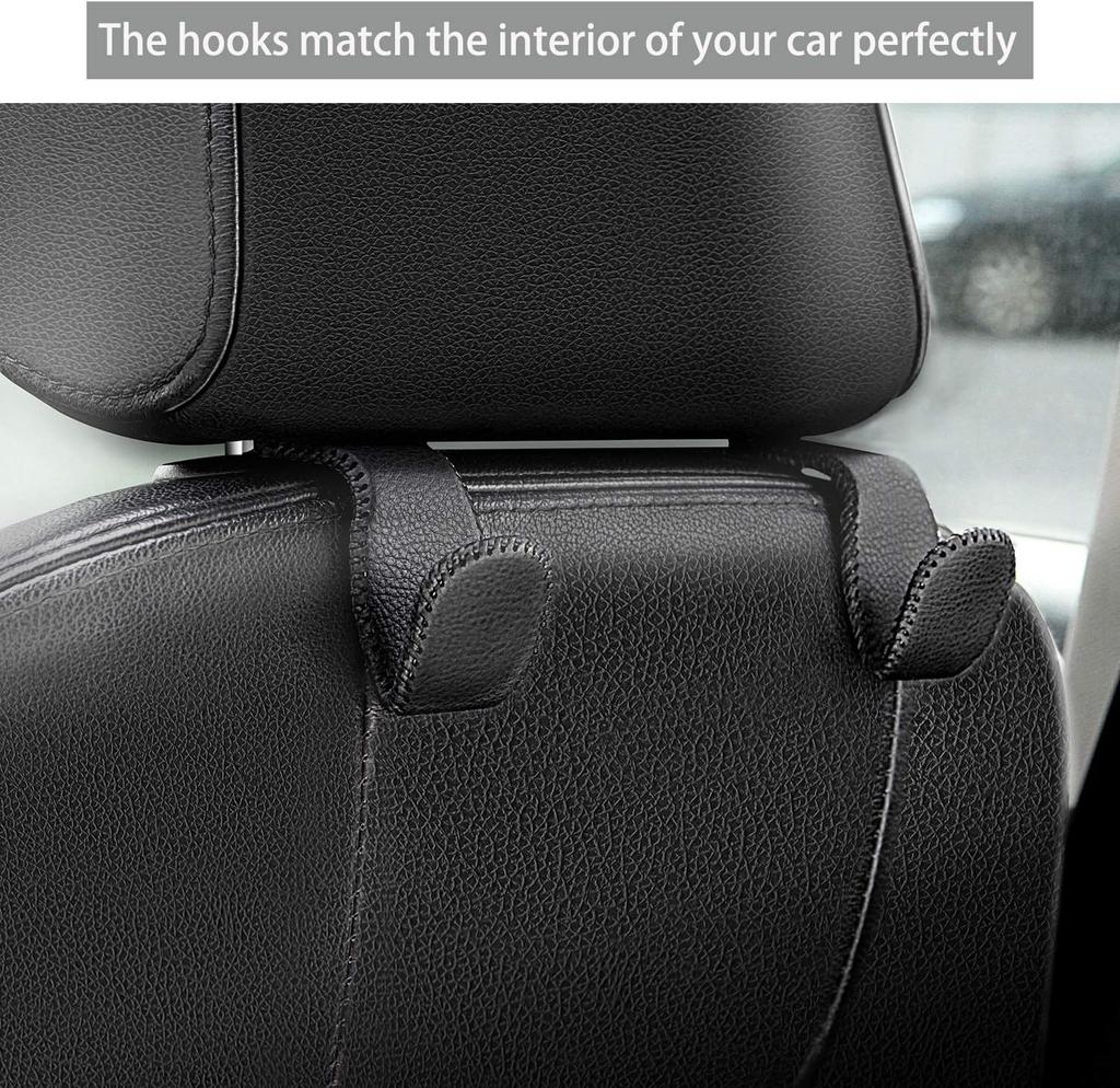 Headrest Hooks for Car, Back Seat Organizer Black Leather Hanger Holder Hook, for Hanging Purses and Bags and Coats, Pack of 2