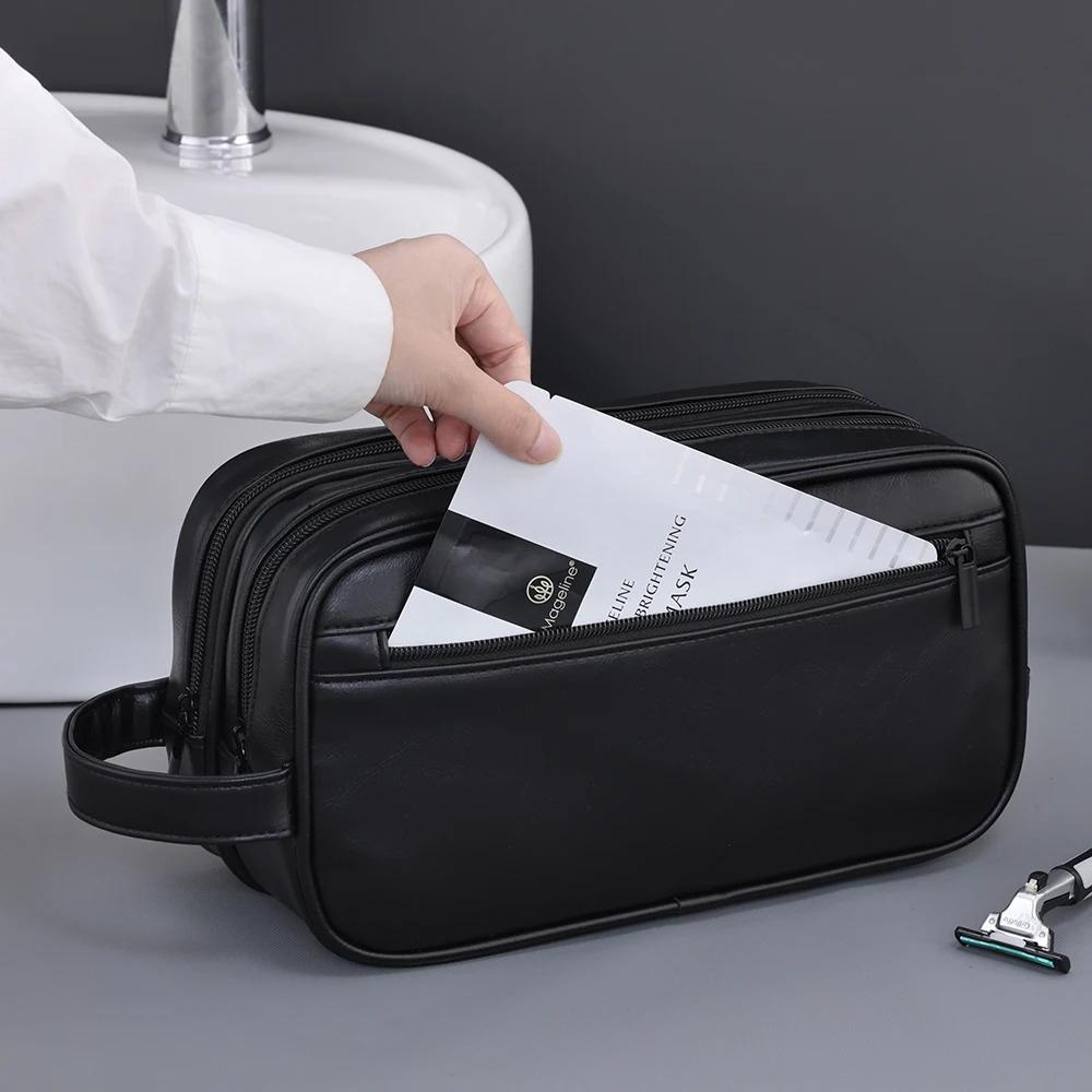 Doppellagige Kulturtasche für Herren PU-Leder Reise Wasch-Organizer Dopp-Kit Wasserabweisend Rasier Kosmetik Tasche Aufbewahrung