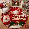 Round Christmas Red Carpet Mat Santa Sleigh Reindeer Rug Poinsettia Ornaments Festive Non-slip Home Decoration for Living Room