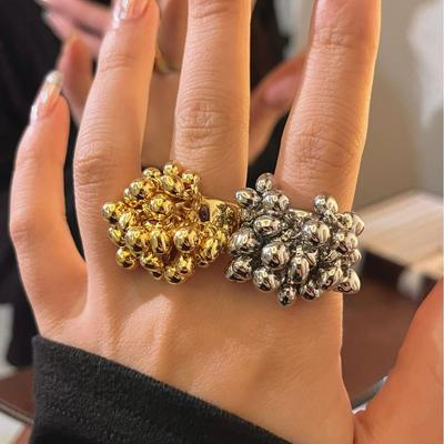 Vintage Metal Beads Ball Open Ring For Women European And American Personality Exaggerated Trend Finger Jewelry Gifts