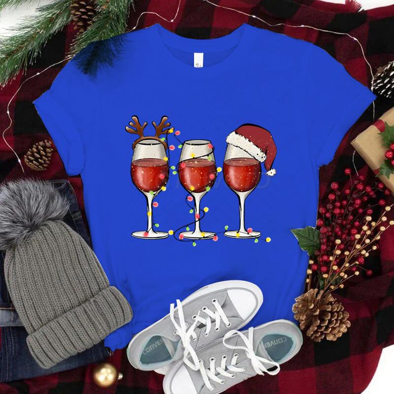 Women Wine Glass Christmas Hats T Shirt Lights Xmas Gifts Cartoon Top Happy New Year Tshirt Harajuku Fashion Womens Clothing