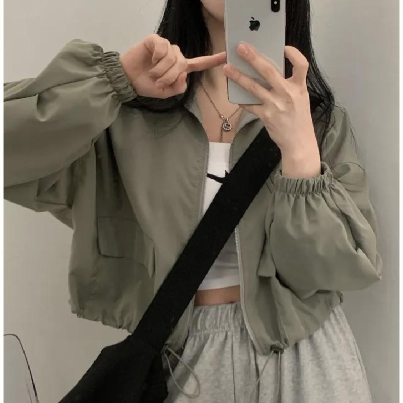 Vintage workwear drawstring short baseball jacket coat for women with a high-end, niche outerwear design