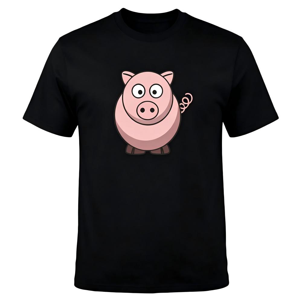 Cute Pink Pig Cartoon Black T-Shirt