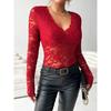 Women's Elegant V-neck Scalloped Neck Edge Solid Color Long Sleeve Slim Slim Pullover Lace Top
