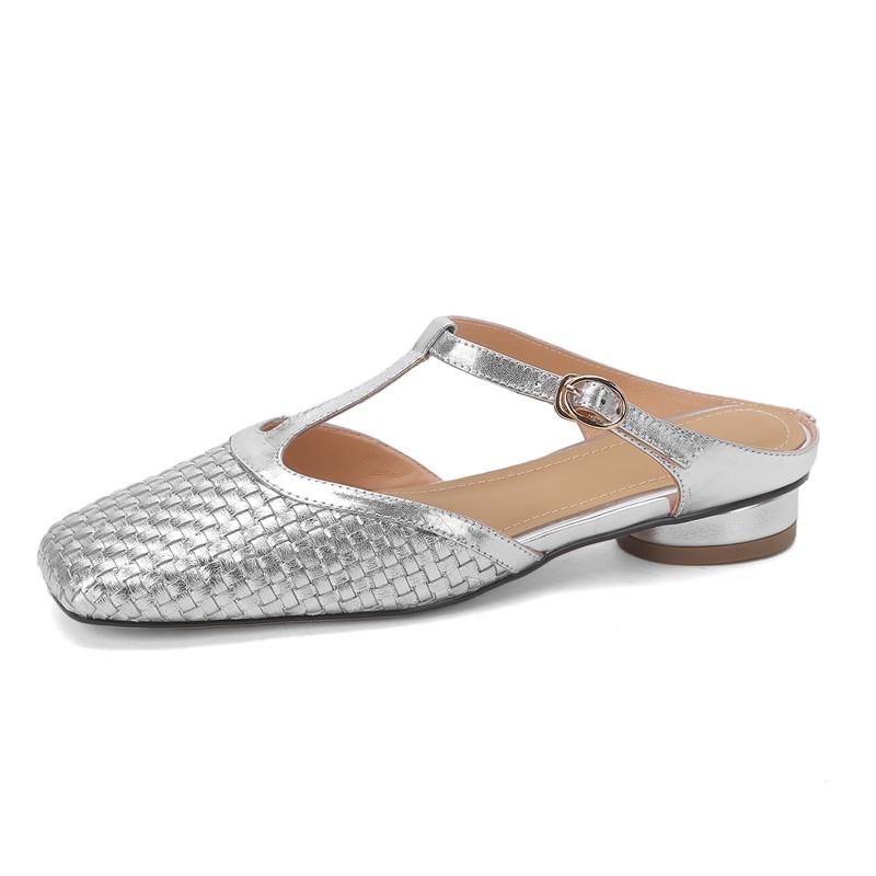 Fashion Women's New Spring/Summer Square Headed Elastic Belt with Genuine Cowhide Square Plaid Low Heel Large Headed Muller Slippers