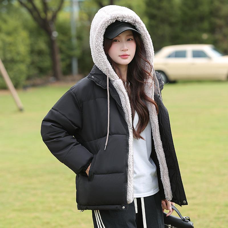 

Корейская версия Утолщенная куртка с капюшоном, имитирующая двойку, из овечьей шерсти, хлопковая куртка для женщин, Зима, Новая студенческая хлопковая куртка XXL чёрный