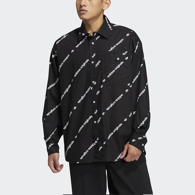 Adidas Originals Trefoil Print Letter Snap Button Long Sleeve Shirt Unisex Tops Black HU1229