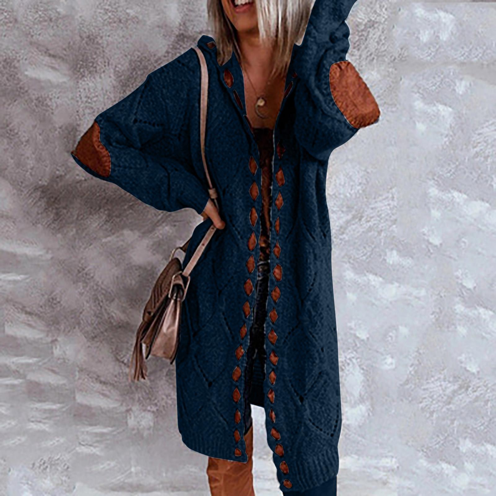 

Женское осенне-зимнее сплошное длинное вязаное пальто с капюшоном и длинными рукавами, жаккардовая текстура, свитер длиной до колена, кардиган, свободная верхняя одежда XXXXXL темно-синий