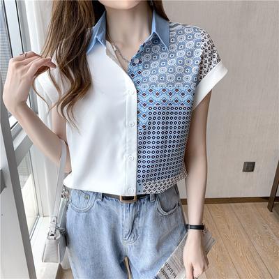 New Summer Design and Lapel Contrast Printed Shirt for Women, Thin and Short-sleeved Chiffon Top