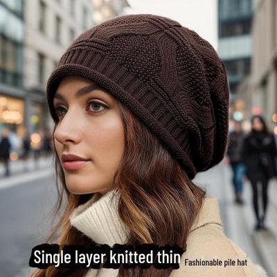 Women's Large Circumference Knit Hat - Autumn/Winter Fashion, Single Layer, Thin Curled Edge.