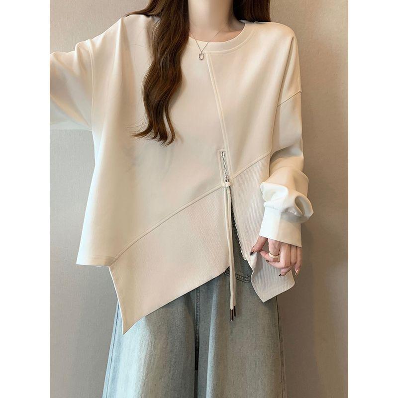 Women's Clothing Irregular Design Long-Sleeve Zipper Sweatshirt Female Spring & Fall Fat Sister Slim Looking Belly Covering Easiest for Match Tops
