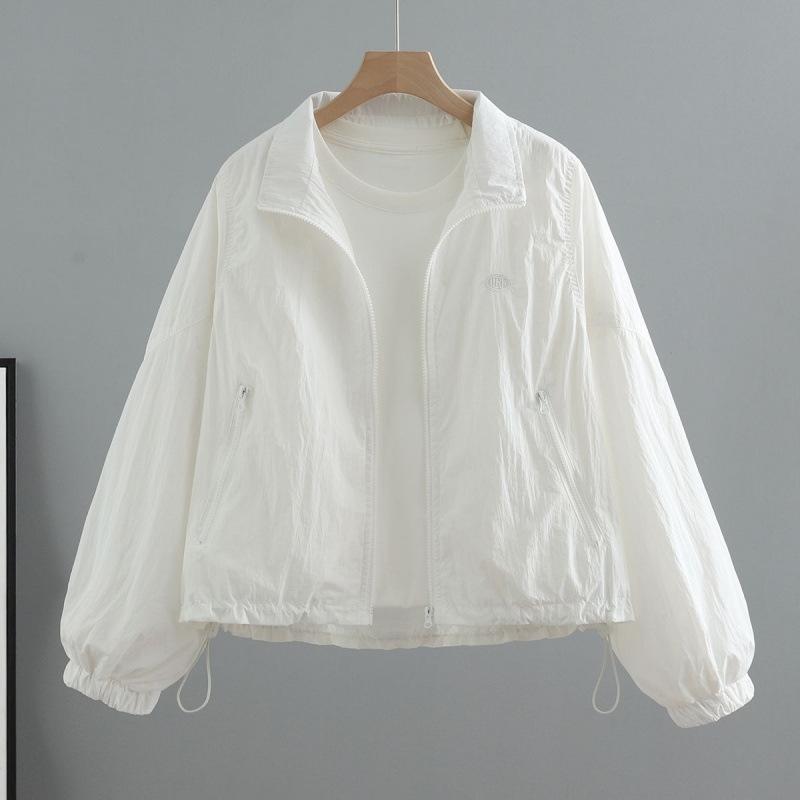 Summer Lightweight Drawstring Sun Protection Jacket Women Short New Suncreen Coat Korean Loose Letter Stand Collar Jacket Top