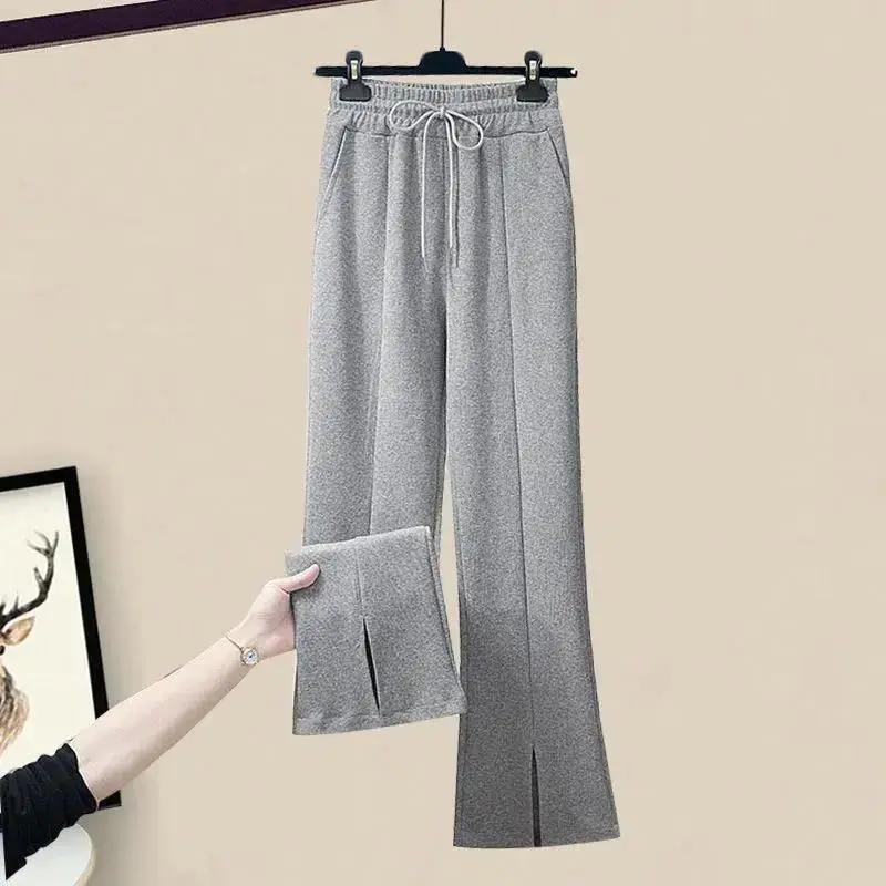 Women's Suit Spring and Autumn Gray Fake Two-piece Blouse, Bottoming Shirt, Split Wide-leg Casual Pants, Three-piece Suit for Women