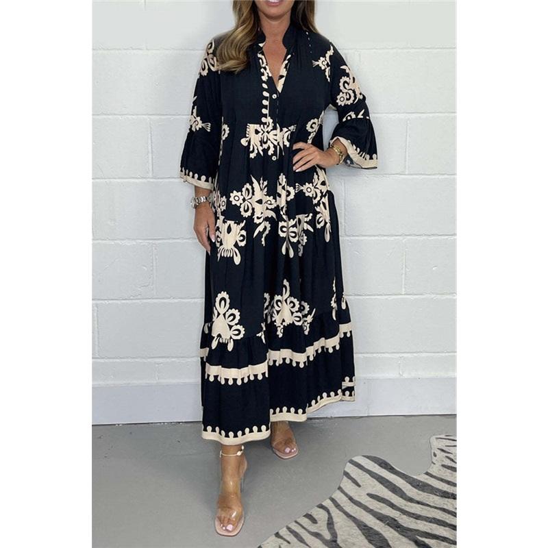 European And American Style Ladies Summer Long-sleeved Collar Large Size Loose New Style Elegant Printed Stand-up Collar Waist Dress