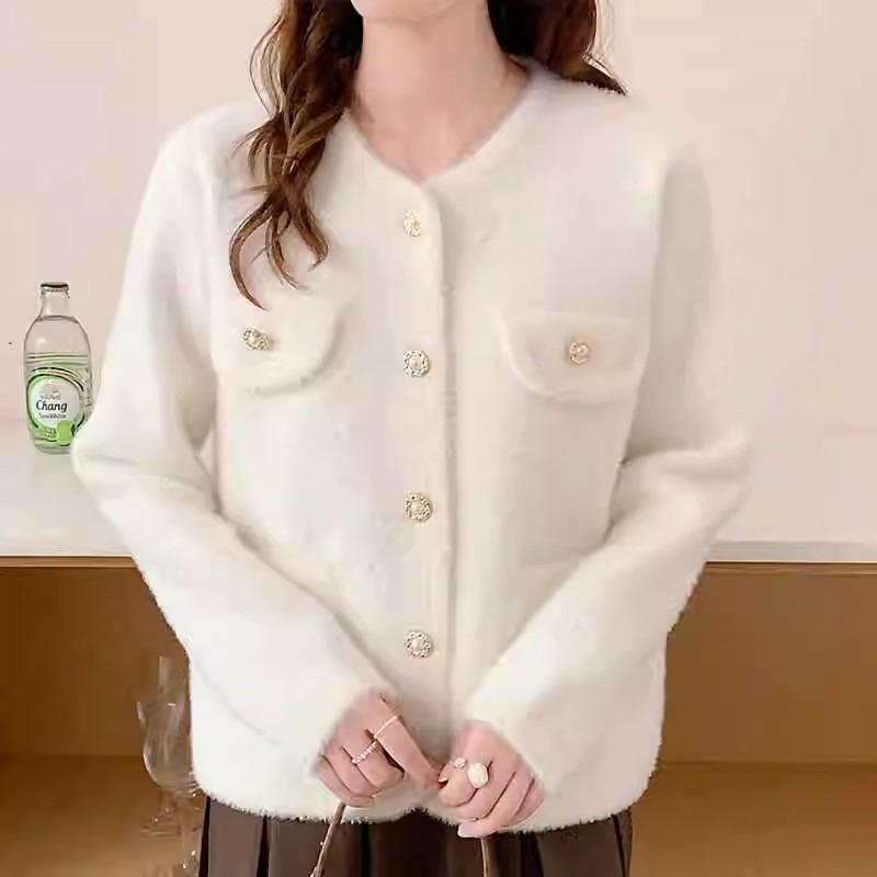 Temperament commuting imitation mink velvet knitted cardigan women's autumn and winter new contrasting color age-reducing sweater jacket