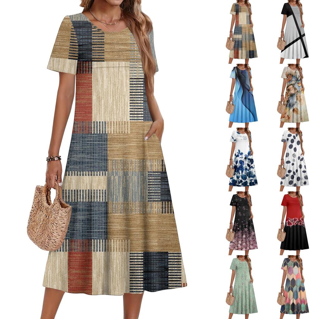 Damenkleid mit Blumenmuster, lässig und modisch, kurzärmelig, Rundhalsausschnitt