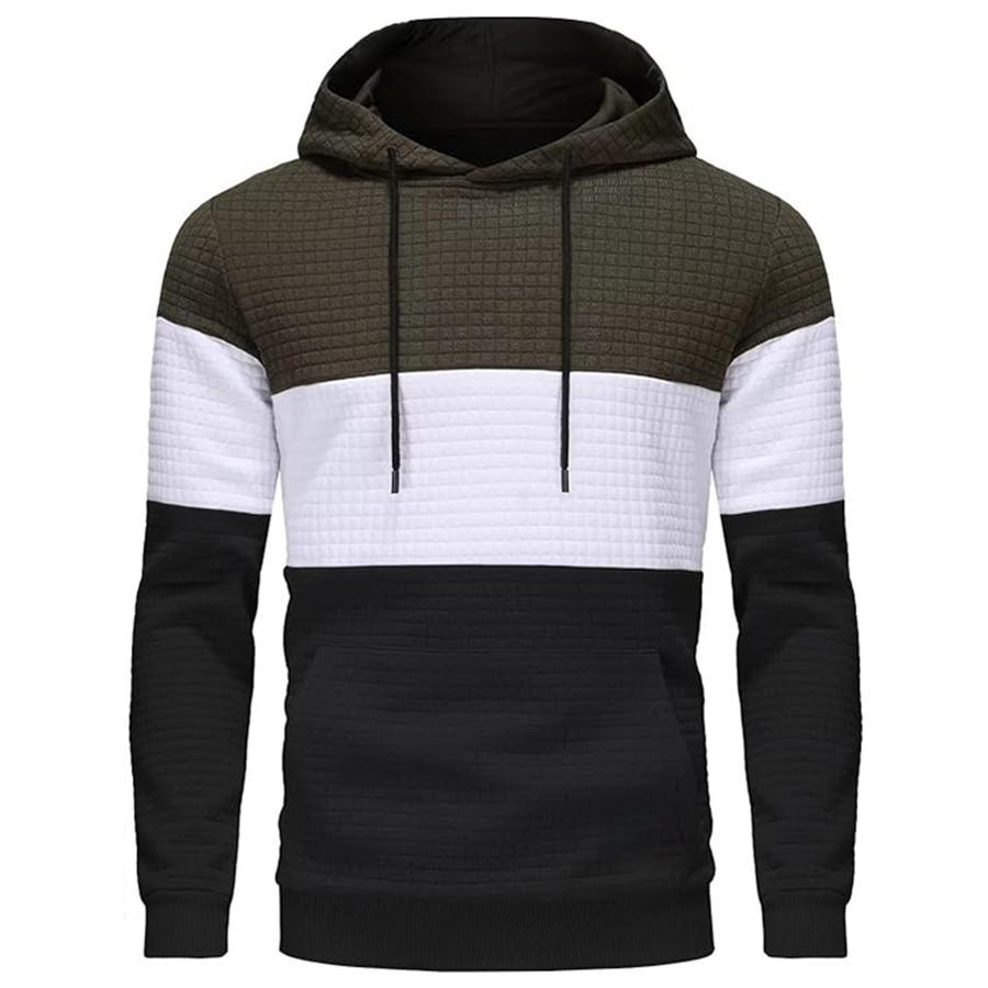 Large Size Men's Hooded Pullovers Checkered Color Blocking Sweatshirt Retro Jacquard Casual Sports Hoodie for Men