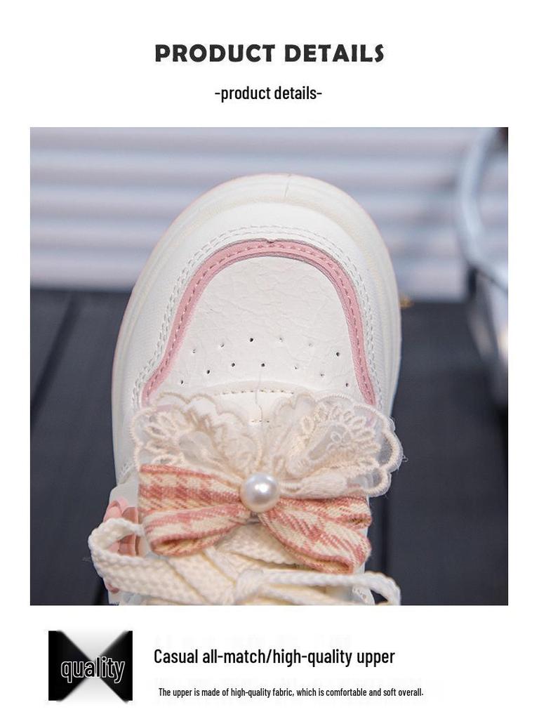 2026 Spring Girls' White Sports Shoes with Bow Knot - Trendy Casual Sneakers for Kids and Teens
