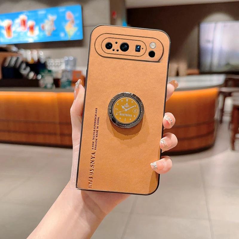 For Google Pixel 9 Pro XL Sheepskin Leather Ring Stand Holder Phone Case For Pixel 9Pro XL Matte Lens Protection Shockproof Back Cover