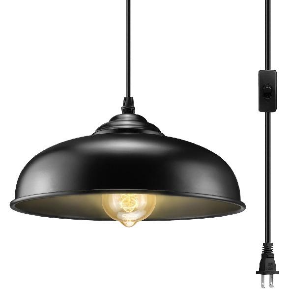 Plug in Pendant Light, Black Farmhouse Pendant Light Fixture with On/Off Switch, Vintage Hanging Lights with Plug in Cord, E26 Pendant Lighting for