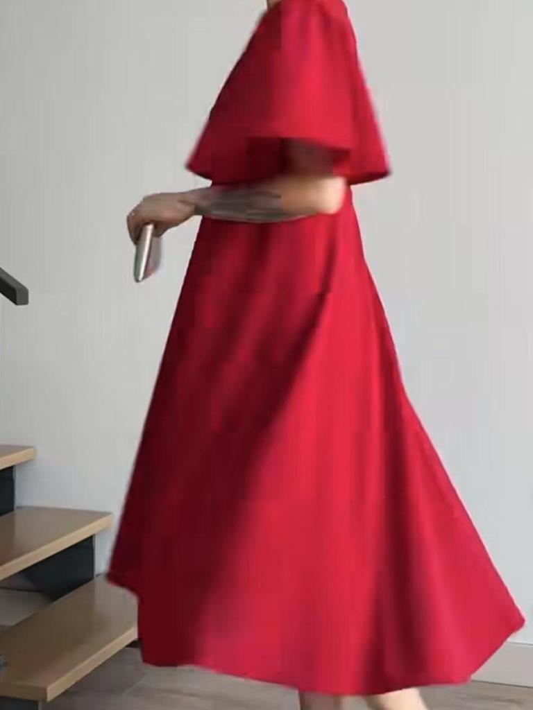2025 Summer European & American Puff Sleeve V-Neck Waist-Gathering French Long Dress