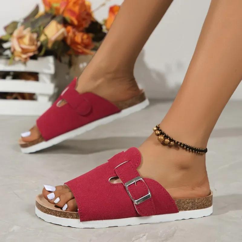 Fashion 2024 Hot Sale Summer Shoes Female Open Toe Women's Slippers Buckle Solid Flat Casual Beach Large Size Slippers Zapatos De Mujer