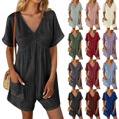 Dam Casual V-ringad Kortärmad Med Fickor Komfort Jumpsuit Shorts