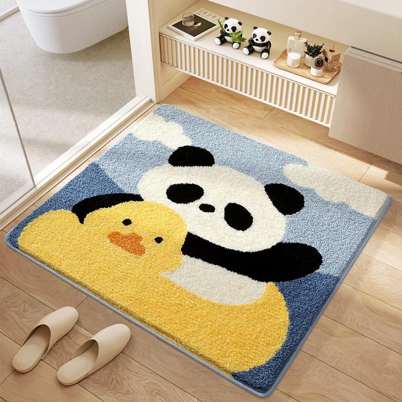 Cartoon Panda Series Square Bath Mat Superfiber Flocked Bathroom Rug Anti-Slip Water-Absorbent Foot Mats Carpet