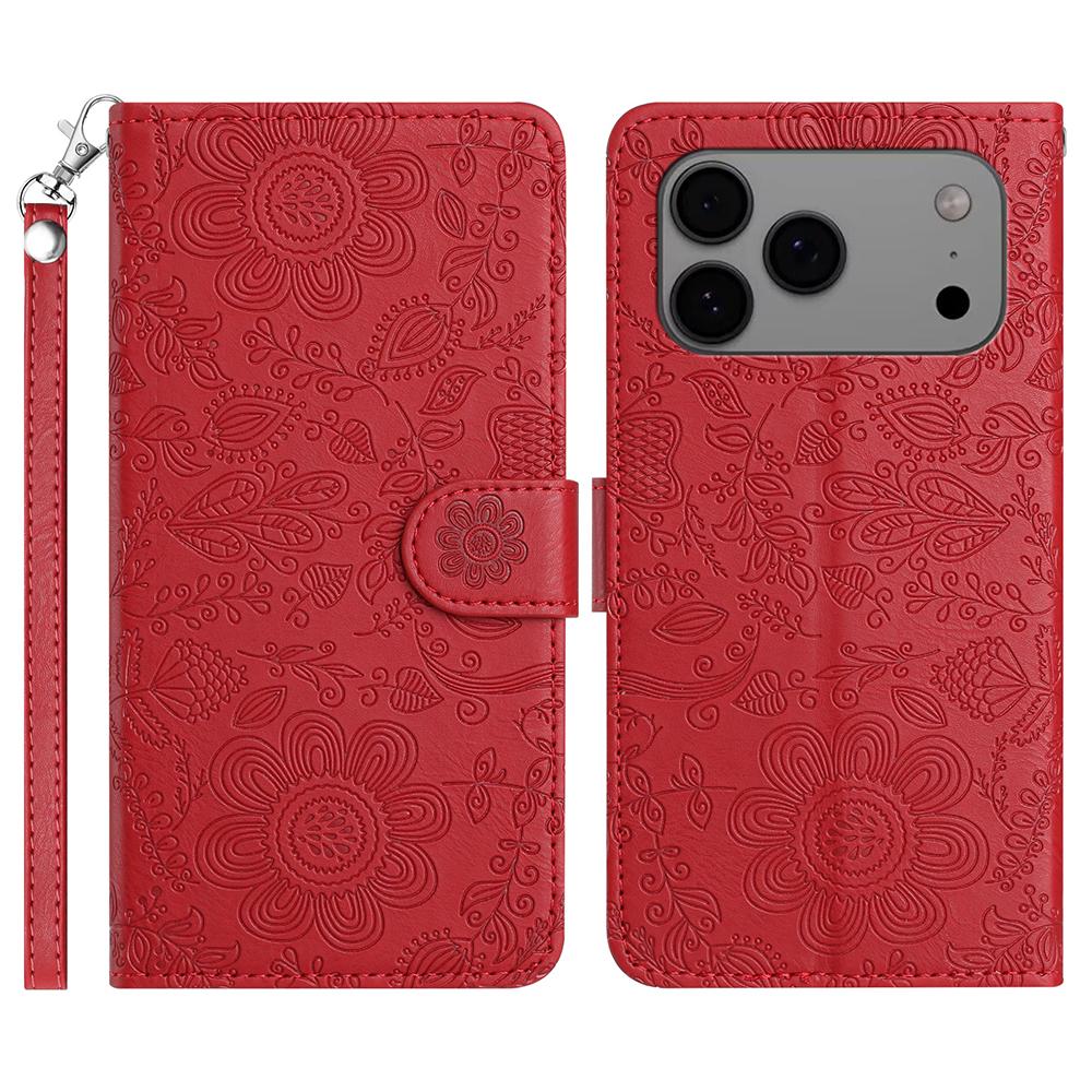 For iPhone 17 Pro Case Flower Imprint Leather Flip Wallet Phone Cover with Wrist Strap