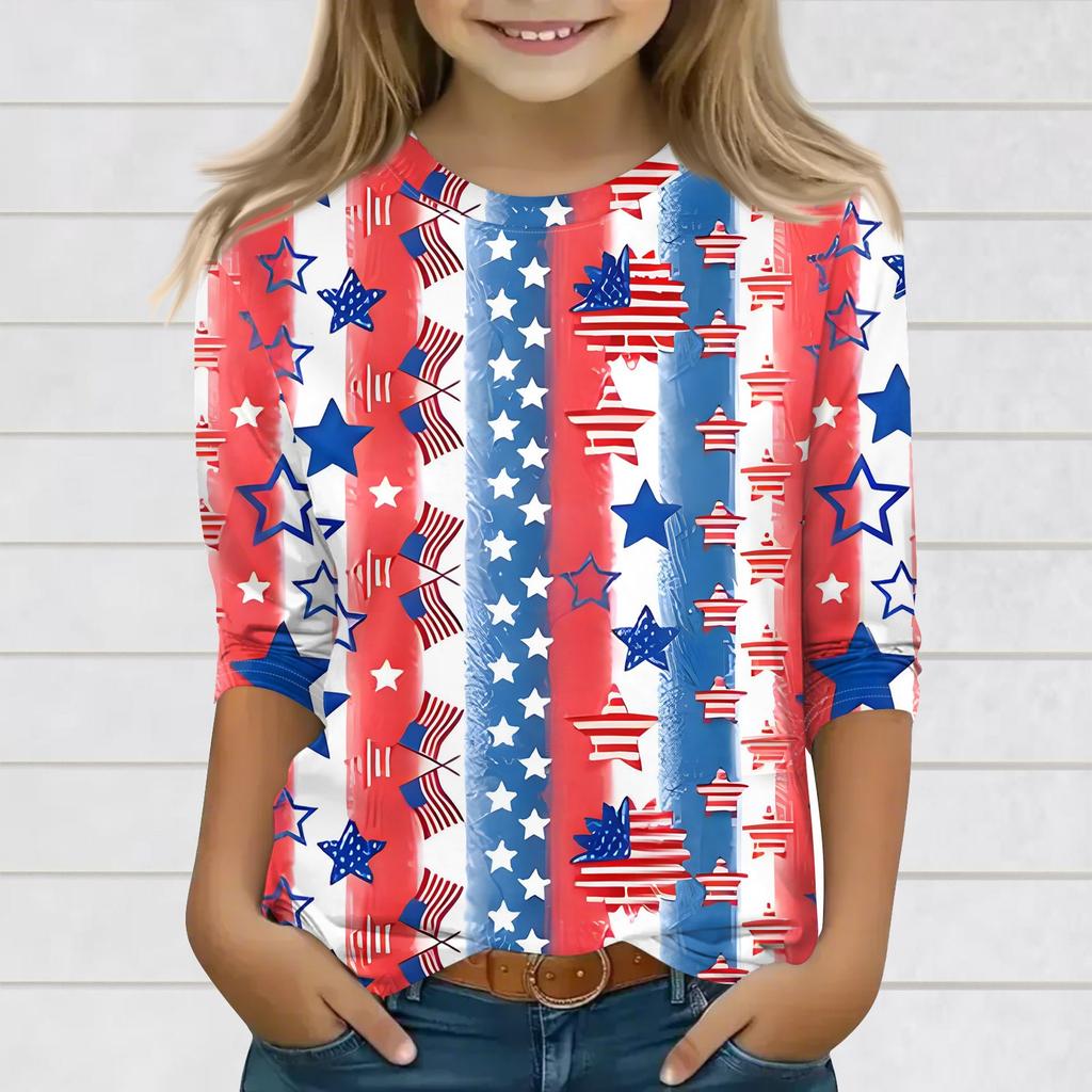 Print Tops For Youth Girls 3-10 Years Round Neck 3/4 Sleeves T-Shirts Trendy Tops Outfit Tees