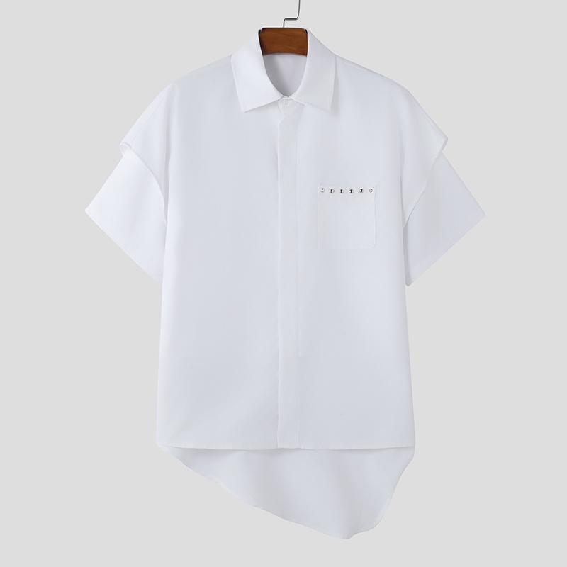 INCERUN Vară Bărbați Straturi Mânecă Scurtă Patchwork Nasturi Jos Oversized Neregulat Cămăși Topuri