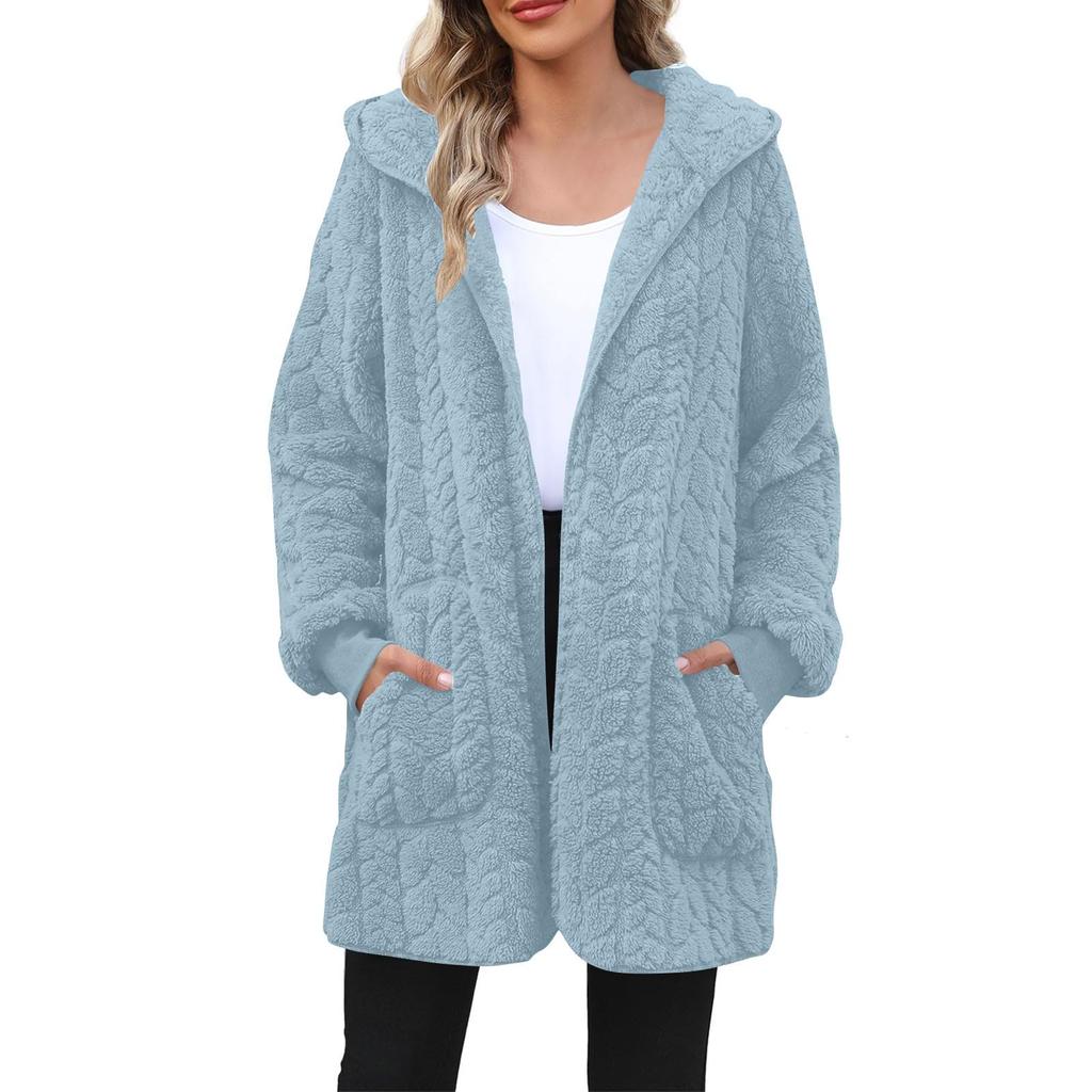Women's Fashionable Coat Solid Color Long Sleeved Pocket Loose Hooded Plush  Jacket