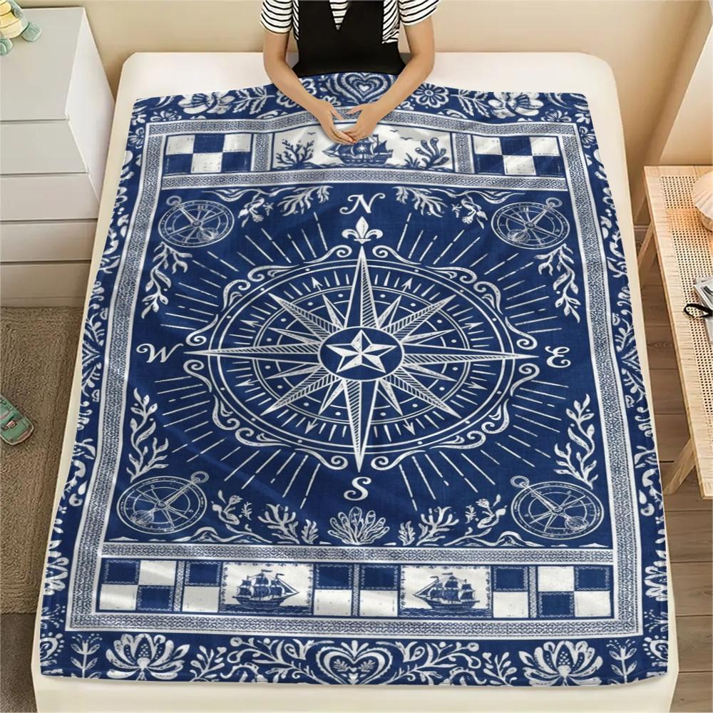 1Pc Compass Print Flannel Blanket, High Quality Comfortable for All Seasons, Home Decor, Warmth and Comfort, Perfect for Christmas Gifts W167