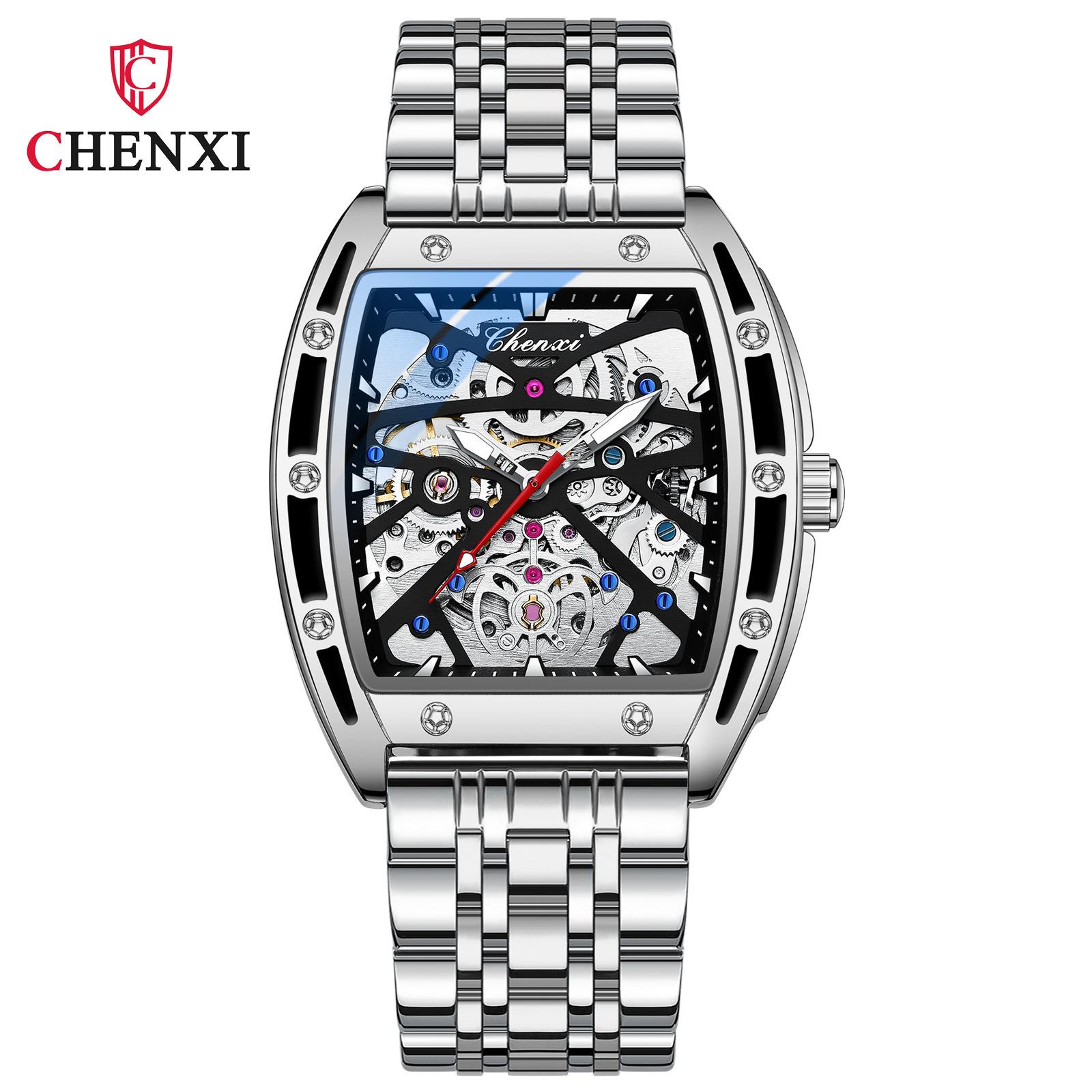 

Новий розкішний чоловічий годинник ТОП-бренду з коробкою Чоловічі порожнисті автоматичні шкіряні водонепроникні чоловічі механічні годинники у формі винної бочки steel belt