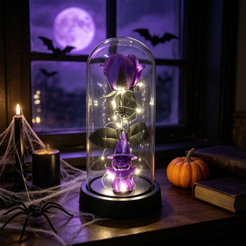Halloween Rose Accent Light, Cloche Glass Cover with Warm String Lights for Window Ledges and Entry Tables at 