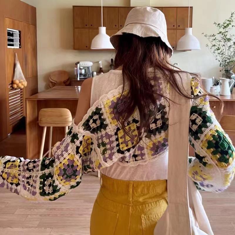 Vintage Colourful Hollow Out Long-sleeved Outer Knitted Cardigan Women's Autumn Cardigan Short Chic Tops