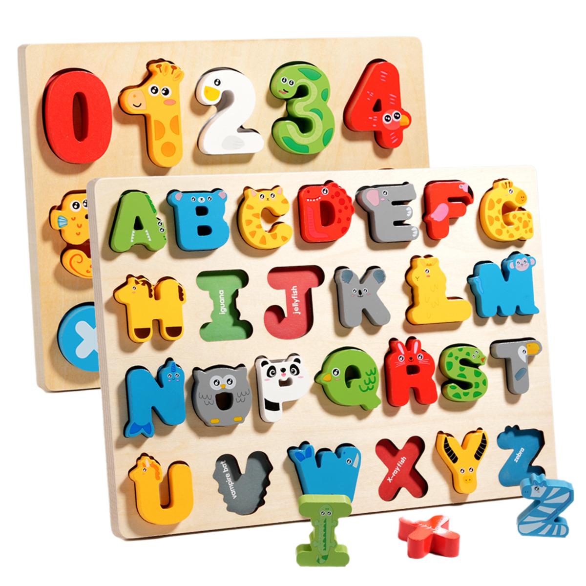 Interesting Toys Unisex 3D Colorful Montessori Wooden Puzzle Alphabet Number Matching Game - Early Education Toy For Mathematics Shape Cognition