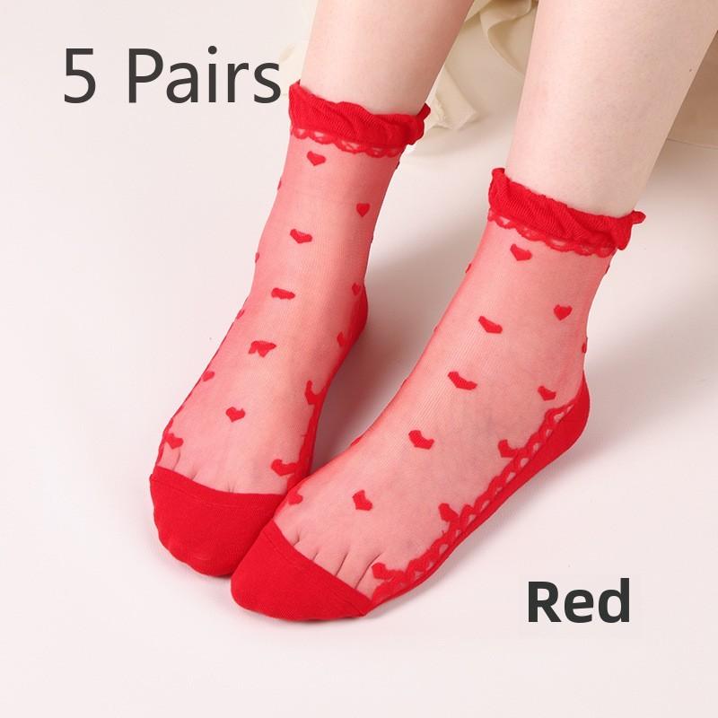 

5 пар женских летних носков, классные прозрачные носки Love, чулки со стразами, милые женские носки средней длины 5 Pairs красный