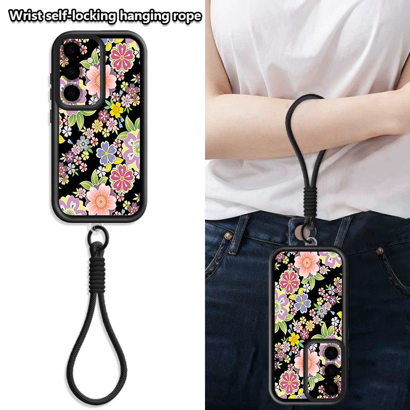 Wrist Lanyard Phone Case For Samsung Galaxy S26 S24 S25 Ultra S23 S25 FE A57 A17 A56 A16 A55 A54 A15 A25 Pink Flower Print Cover