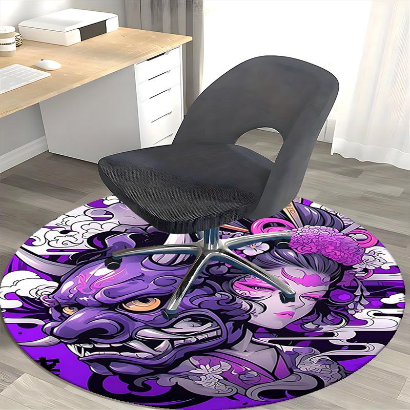 1pc Japanese Demon Mask & Geisha Purple Round Carpet, Office Chair Mat, NonSlip Rug for Home Decor, Seasonal Gift, Suitable for Office
