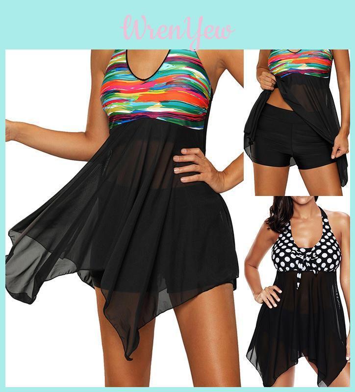 Stilvoller Damen-Tankini Vintage Netz-Badebekleidung Mit High-Waist Boxer-Shorts Im Gepunkteten Design