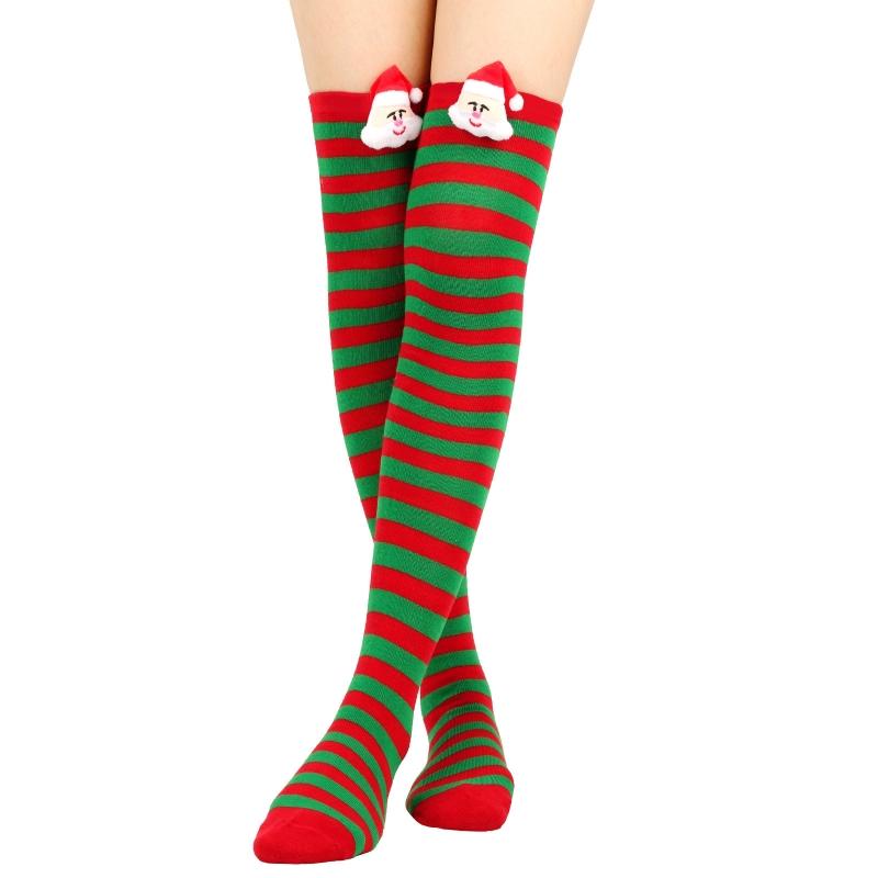 Women Cute Plush Santa Claus Striped Over Knee Long Socks Thigh High Stockings for Christmas Cosplay Costume Hosiery
