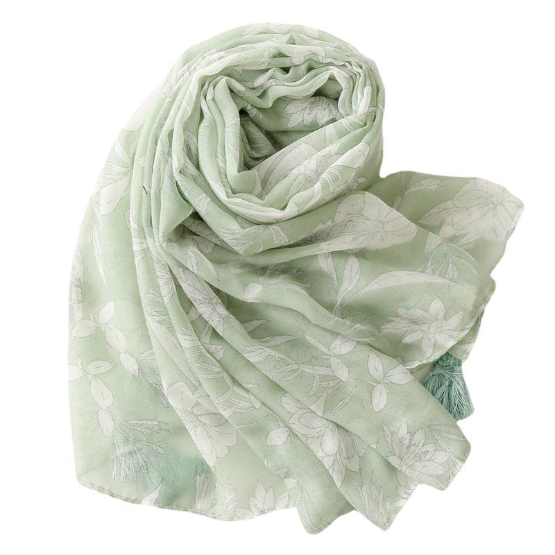 Yitao Women's Light Green Floral Cotton Linen Scarf with Tassels