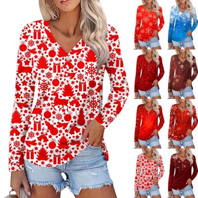 Women's Casual Fashion Sexy Comfort Christmas Printed V-Neck Button Long Sleeve