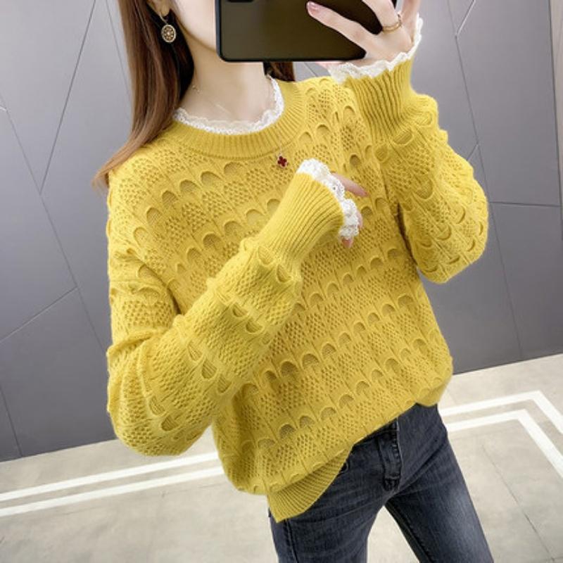 Genser Koreansk blonder med rund hals, hul langermet løs strikket underjakke